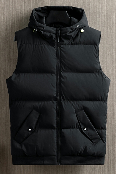 Mens Edgy Contrast Trim Pocket Front Sleeveless Fitted Hooded Zip Fly Vest