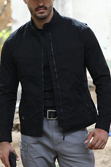 Modern Guys Solid Color Pocket Detailed Long Sleeve Stand Collar Regular Zip down Jacket