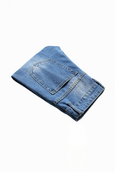 Popular Guy's Plain Pocket Mid Waist Straight Long Length Zip Placket Jeans