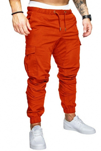 Simple Men Pants Solid Color Drawcord Waist Flap Pocket Skinny Cargo Pants