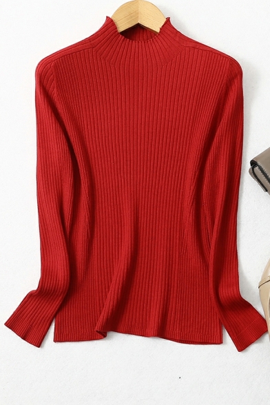 Simple Womens Plain High Neck Long Sleeve Slimming Fitted Knitted Top