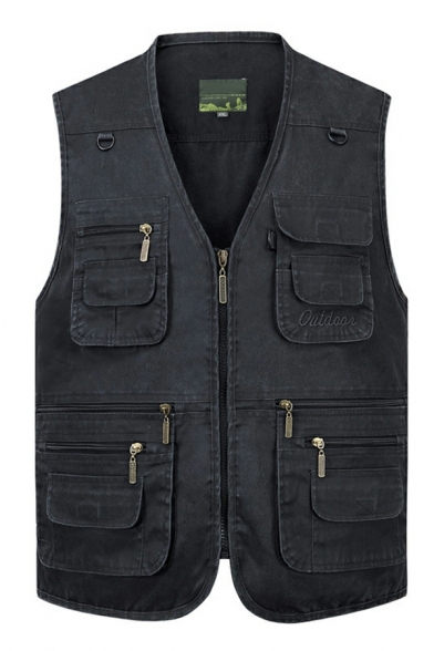 Street Look Guy's Pure Color Multi-pockets V Neck Regular Fit Zip Up Vest