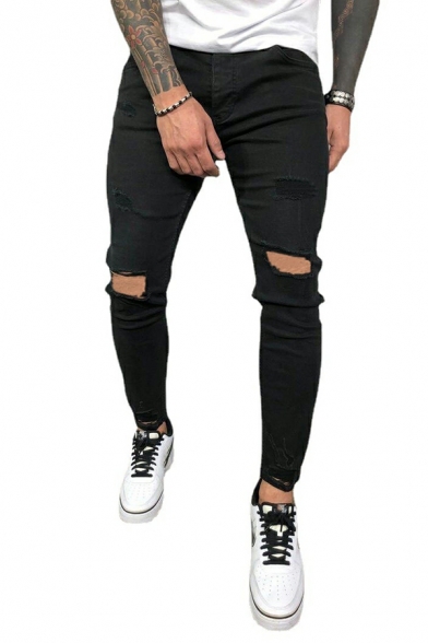 Urban Jeans Whole Colored Skinny Full Length Mid Rise Broken Hole Zip Fly Jeans for Men