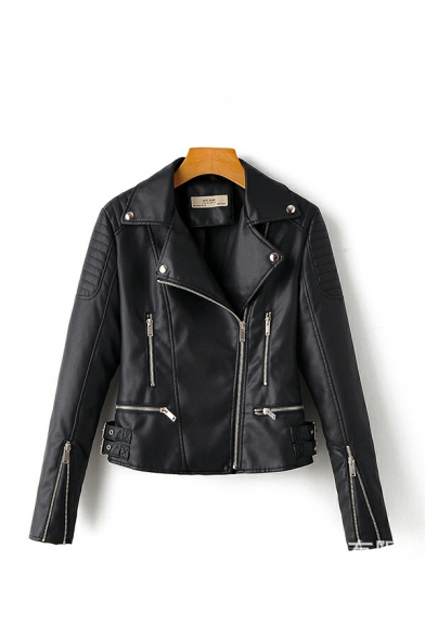 Women Cool Pure Color Lapel Collar Long Sleeves Regular Fit Zip Placket Leather Jacket