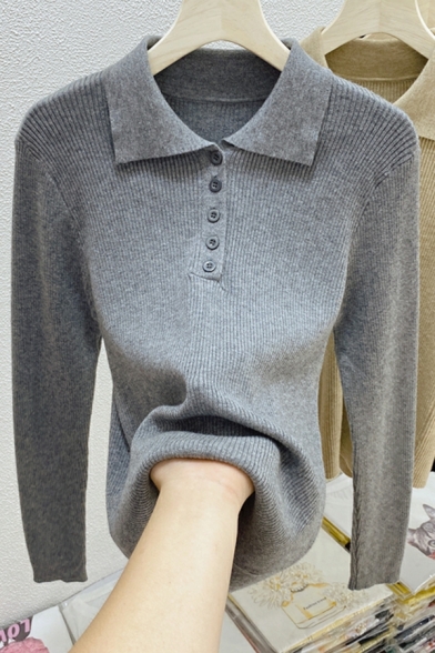 Women Trendy Spread Collar Half Button Placket Long-sleeved Regular Fit Knitted Top