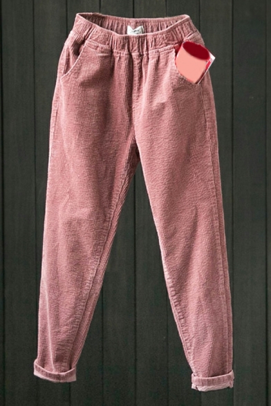 Basic Whole Colored Elastic Waist Pocket Regular High Rise Turn-up Pants for Girls