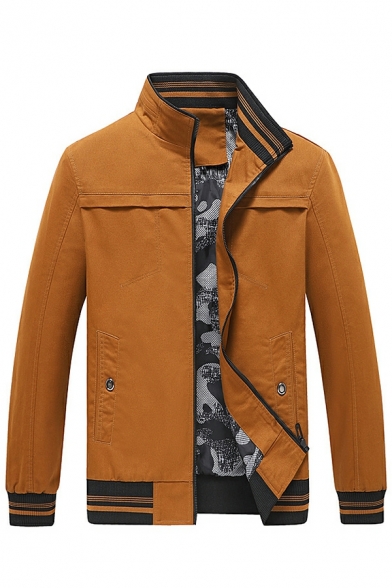 Chic Striped Print Long Sleeves Stand Collar Fitted Zip Down Jacket for Men