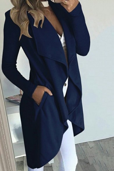 Fashion Ladies Pure Color Long Sleeve Spread Collar Fitted Open Front Trench Coat