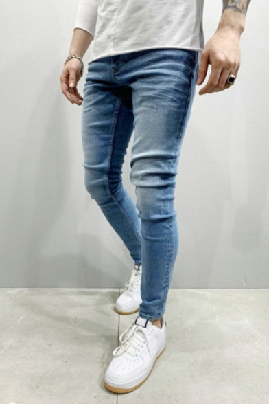 Fashion Mens Plain Pocket Mid Waist Long Length Skinny Zip Placket Jeans