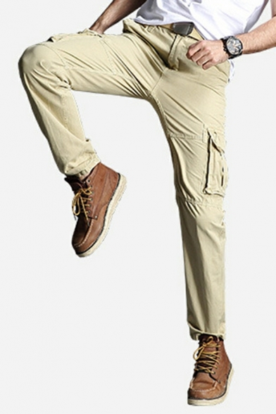 Fashionable Guy's Plain Flap Pocket Mid Rise Straight Zip Placket Cargo Pants