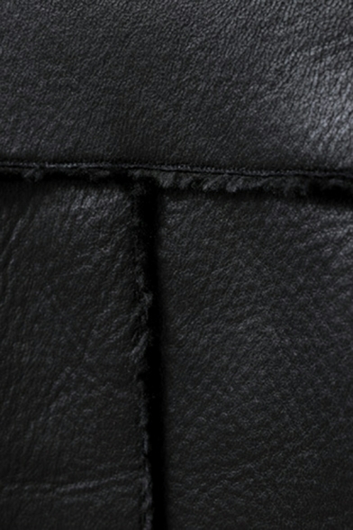 Fashionable Ladies Solid Pocket Lapel Collar Long Sleeve Regular Zip Up Leather Jacket