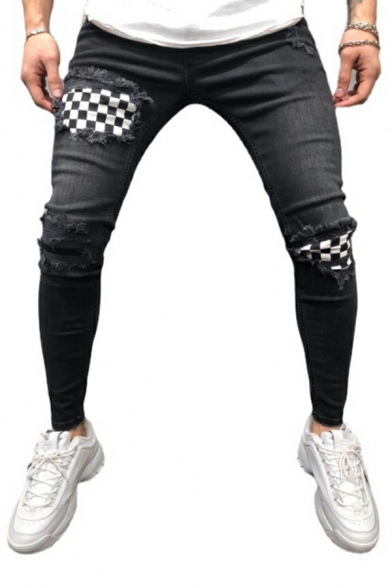 Freestyle Plaid Pattern Ripped Decoration Mid Rise Skinny Zip-up Jeans for Boys