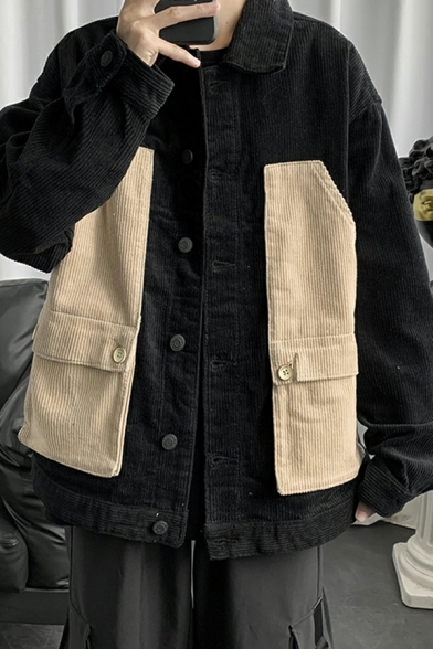 Guy's Street Style Color-blocking Long Sleeve Spread Collar Baggy Button Placket Jacket