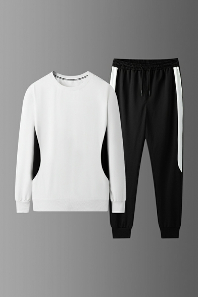 Guy's Stylish Contrast Color Round Collar Long Sleeve Sweatshirt with Drawstring Pants Set