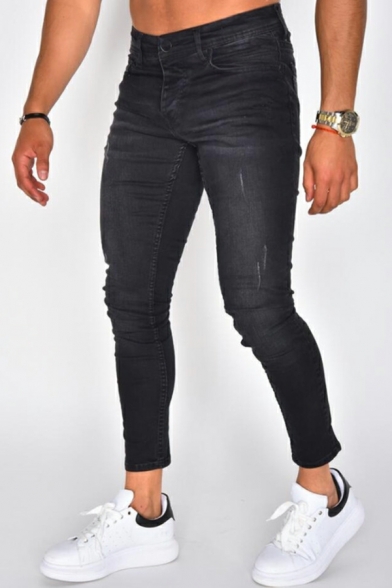 Leisure Men's Plain Mid Waist Distressed Designed Full Length Skinny Zip Closure Jeans