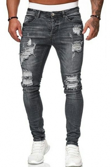Men Leisure Whole Colored Distressed Design Mid Waist Long Length Skinny Zip Up Jeans