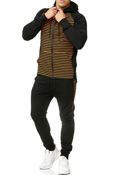 Men's Casual Sports Suit Fit Long Sleeve Hoodie Striped Print Top