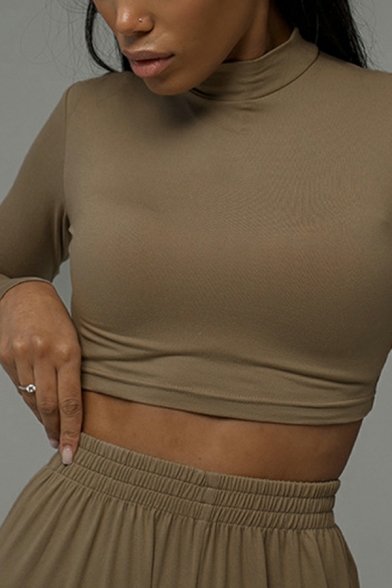 Modern Women Plain Long Sleeves Round Neck Crop Tee Shirt & Elastic Waist Pants Co-ords