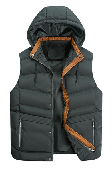 Urban Whole Colored Pocket Sleeveless Hooded Drawstring Loose Zip down Vest for Guys