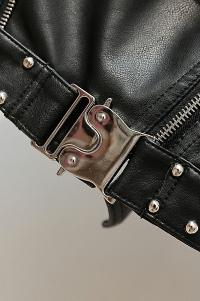 Vintage Girls Plain Lapel Collar Pocket Long Sleeve Regular Beading Zip Fly Leather Coat