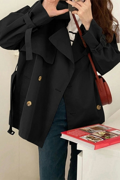 Women Stylish Solid Lapel Collar Baggy Long Sleeve Double Breasted Trench Coat