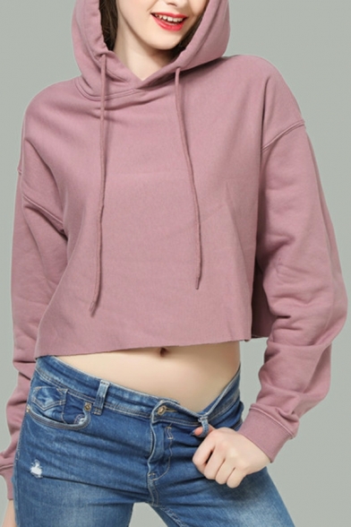 Women Urban Whole Colored Hooded Fitted Drawstring Long-Sleeved Cropped Hoodie