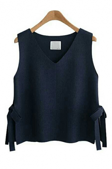 Causal Women Solid Color Ribbons Detail V-neck Sleeveless Relaxed Knitted Vest