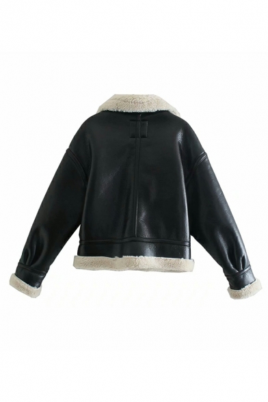 Cool Women Pure Color Pocket Spread Collar Long-Sleeved Fitted Button-up Leather Jacket