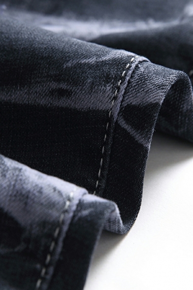Dashing Guys Smoke Print Full Length Ripped Mid Rise Straight Zip Fly Jeans for Men
