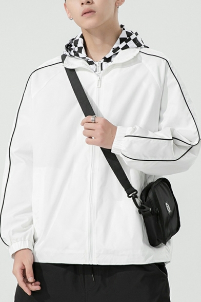 Dashing Plaid Print Pocket Long Sleeves Hooded Regular Zip Closure Jacket for Guys
