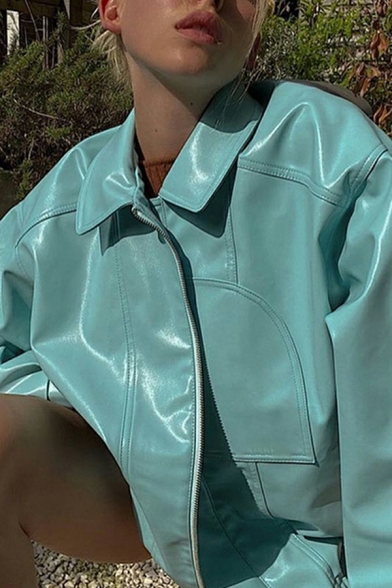 Fancy Ladies Plain Pocket Designed Spread Collar Long Sleeve Zip Closure Leather Coat
