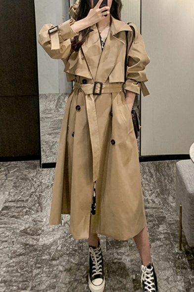 Fancy Solid Color Lapel Collar Belt Long-Sleeved Double Breasted Trench Coat for Ladies