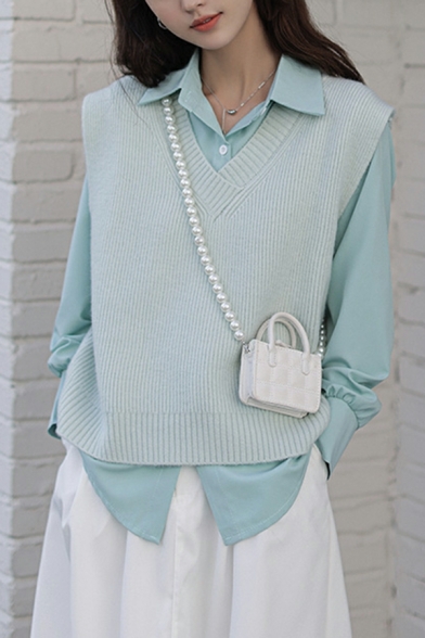 Fashion Ladies Whole Colored Sleeveless V-neck Regular Knitted Vest