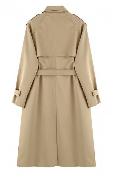Fashionable Ladies Solid Color Loose Long Sleeve Belt Lapel Collar Open Front Trench Coat
