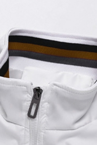 Guy's Vintage Stripe Printed Pocket Long Sleeve Spread Collar Skinny Zip Placket Jacket