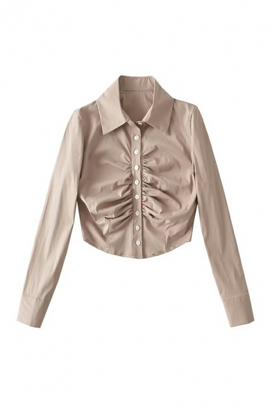 Hot Ladies Pure Color Ruched Design Long Sleeve Point Collar Button-up Shirt