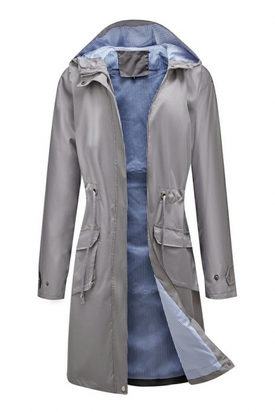 Ladies Elegant Solid Pocket Front Hooded Regular Long Sleeves Zip Closure Trench Coat