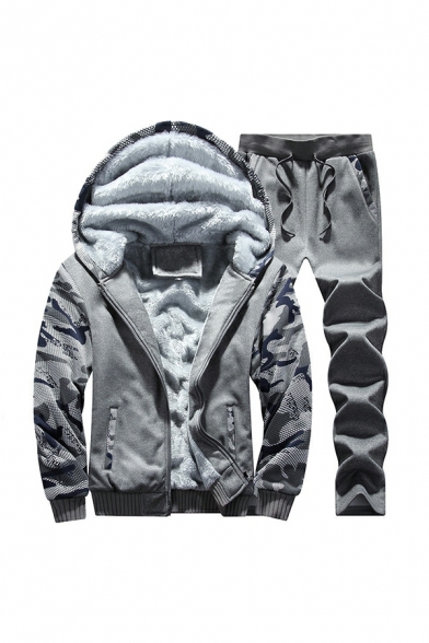Men Leisure Contrast Color Long Sleeve Zipper Hoodie with Drawstring Pants Two Piece Set