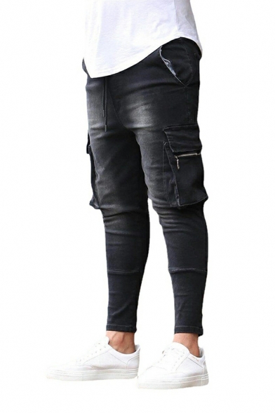 Men Modern Solid Color Flap Pocket Full Length Mid Rise Slimming Zip Placket Jeans