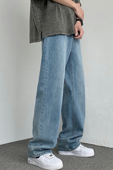Men Street Look Solid Pocket Mid Waist Zip Placket Full Length Loose Denim Pants