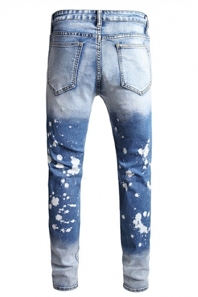 Modern Boy's Ombre Pattern Ripped Mid Rise Long Length Straight Zip Up Jeans