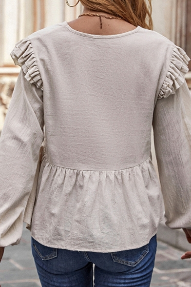 Simple Women Plain V Neck Ruffles Detail Long Sleeve Relaxed Tee Shirt