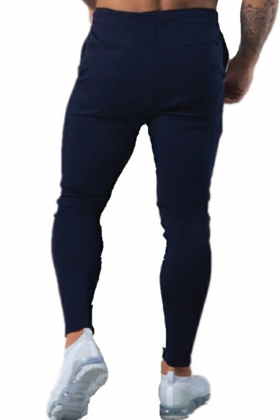 Street Look Guy's Striped Print Mid Rise Long Length Slimming Zip Closure Pants