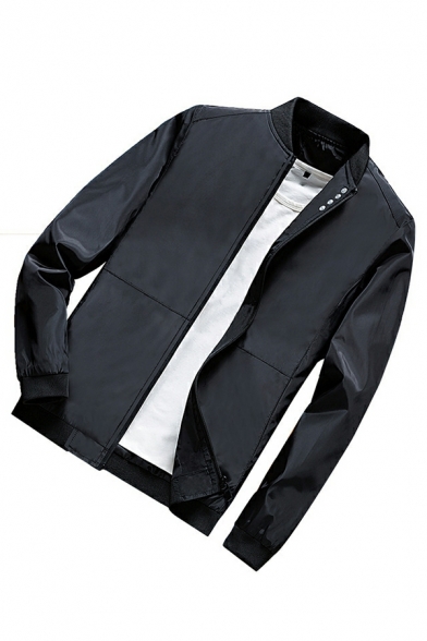 Stylish Contrast Trim Stand Collar Long Sleeve Regular Zip Fly Bomber Jacket for Men