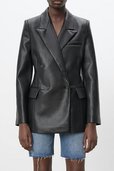 Stylish Ladies Plain Lapel Collar Pocket Long-sleeved Double Breasted Leather Jacket