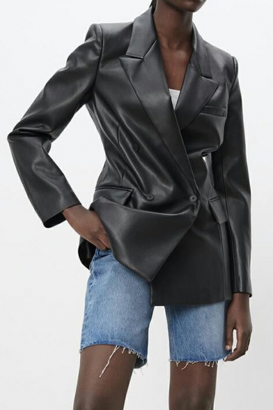 Stylish Ladies Plain Lapel Collar Pocket Long-sleeved Double Breasted Leather Jacket