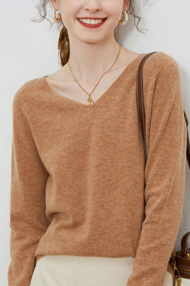 Stylish Women Whole Colored Regular Fitted Long Sleeves V-neck Knitted Top
