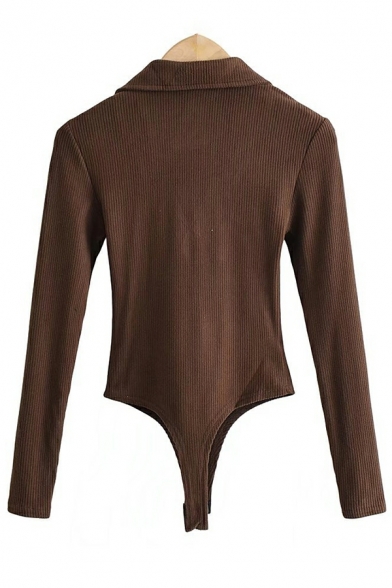 Trendy Whole Colored Long Sleeves Deep V Neck Fitted Bodysuit for Girls