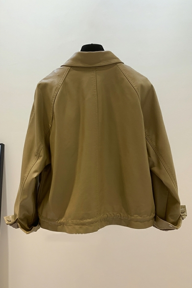 Vintage Girls Plain Spread Collar Front Pocket Long Sleeve Regular Button Fly Leather Coat