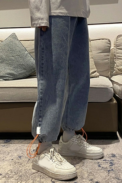 Vintage Guy's Plain Pocket Mid Waist Loose Ankle Length Regular Zip down Pants